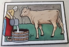 tableau émail signée vache et paysanne
