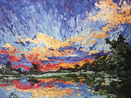 Original sunset landscape - sunset, oil