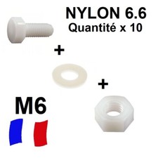 10 vis Tête Hexagonale TH M6 x 30 filetage total + écrous et rondelles nylon 6.6
