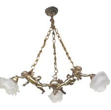 Ancien Lustre Bronze Doré Anges Angelots Chérubins puttis Art Déco 