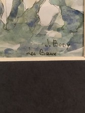 Tableau ancien aquarelle paysage les Baux De Provence signé Jacqueline Body