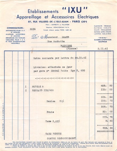Facture 1941 appareillage - facture, et