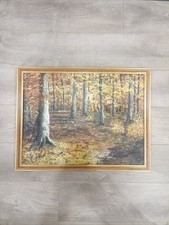 Tableau Peinture Vintage Paysage Sous Bois D'automne École Française Signé Cadre