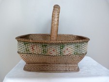 Ancien panier pique nique  rotin frise de fleurs peintes années 40