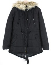 Replay Femmes Veste M Noir Fausse Fourrure Capuche Matelassé Doublé Zippé Parka