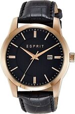 Montre Homme ESPRIT Cadran noir Plaquée or rose Date Bracelet en cuir noir Neuve