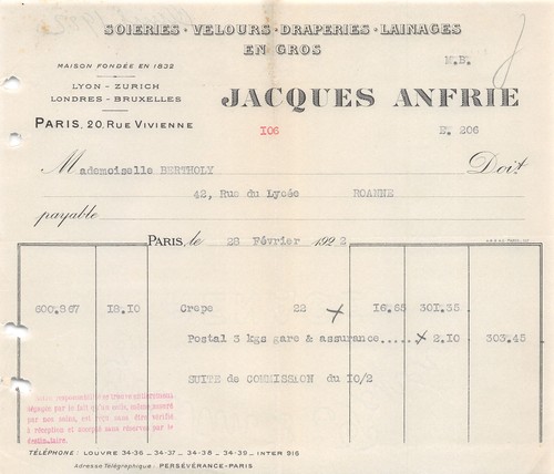 Facture 1922 soieries - facture,