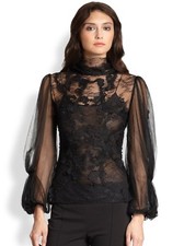 $1920 New Oscar de la Renta Black Nude Lace Tulle Blouse Dress Top 2 4 6 8