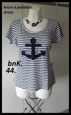 Beau T-shirt rayé avec ancre paillettes strass T: 44
