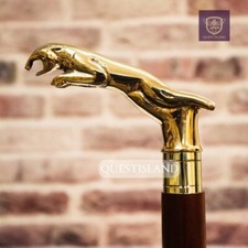 Canne De Marche Pliante En Bois Victorien Avec Poignée En Laiton Jaguar Vintage