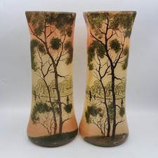 Paire de vases verre soufflé émaillé décor lacustre d’Automne Legras début XXème