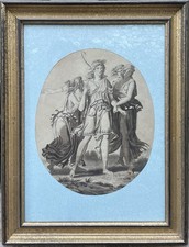 Dessin ancien Cadre 19èm XIXèm Diane chasseresse Mythologie Néoclassicisme rare