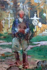 Suzanne MINIER(1878-1955) Visite au cimetière Double face Huile sur panneau