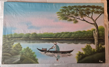 Grand tableau africain années 50 signé. Huile 55cm X 91cm. "Homme en pirogue"