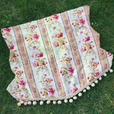 Vtg Antique FRENCH Arts & Crafts CIEL DE LIT TOPPER Bands Pink Flowers + Pompons