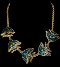 SENS PRIVÉ PARIS VINTAGE BIJOUX  COLLIER  POISSONS BLEU metal doré signé