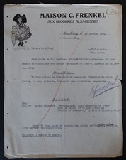 Facture 1921 STRASBOURG Aux Broderies Alsaciennes FRENKEL billhead entête 123
