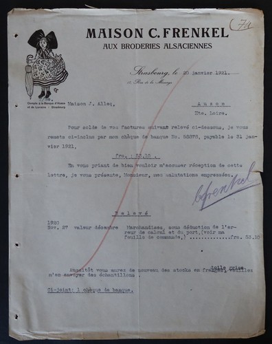 Facture 1921 strasbourg - strasbourg, aux