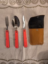 Ancien set de voyage couverts à pique-nique Pliable Bakélite / étuit