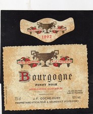 BOURGOGNE ETIQUETTE + COLLERETTE 1992 PINOT NOIR JF COCHE DURY    §26/05/2023§