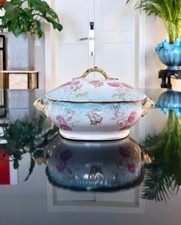 Légumier Soupière en Porcelaine - Monogrammes Or Bleu Rose - Service de Table