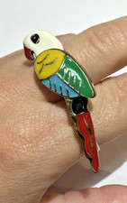Bague Vintage À Deux Doigts Perroquet Rouge Vert Bleu Jaune Émail Argenté