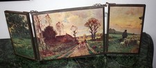 ANCIEN PETIT MIROIR DE BARBIER TRIPTYQUE DECOR PASTORAL