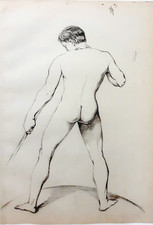 Nu masculin de dos. DESSIN à la pierre noire. BERNADAC. Ecole polytechnique. 19e