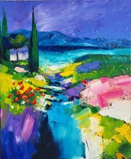 Grand Tableau Original de S!C Abstrait " En suivant la rivière " huile