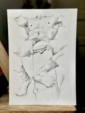 Dessin Original Signé Nu Masculin Érotique