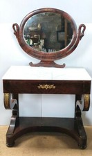 COIFFEUSE EMPIRE ACAJOU  XIXè MIROIR COL DE CYGNE BASCULANT PLATEAU MARBRE
