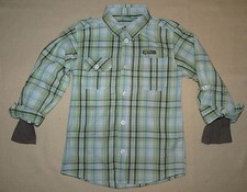 Chemise rayée vert bleu marron manches retroussables NKY garçon 6 ans 114 cm TBE