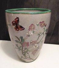 Vase en faience craquelée - décor floral et papillon