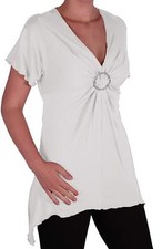 Femmes Dames À Manches Courtes V Cou Hip Longueur Plaine Chemisier Tunique Haut