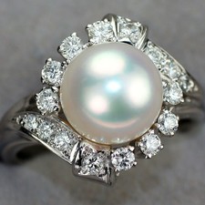 Bague Mikimoto Pt950 Akoya perle/perle diamant environ 8,6 mm de diamètre - A...