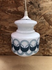 Ancienne Suspension Opaline Blanc & Bleu Verre Opalin Années 70 Vintage #A976