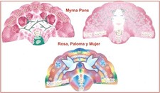 Myrna Pons 3 cartes parfumées  Eventails Barcelone 1999 "Rosa, Paloma y Mujer"