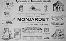  PUBLICITÉ DE PRESSE 1904 MONJARDET ÉQUIPEMENTS ET CAMPEMENTS TENTE SACS LITS