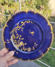 Assiette ancienne porcelaine bleu de four fleur émaillée abeille dorure Limoges