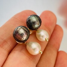 boucles d'oreilles perles noires de Tahiti à facettes perles d'eau douce 1758-4