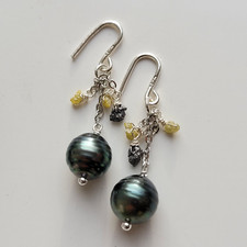 boucles d'oreilles en perles noires Tahiti pierre précieuse diamant noir jaune