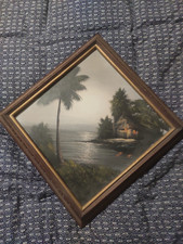 tableau ancien huile sur toile décor penché losange paysage marin