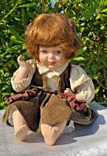 Vintage German Porcelain Doll Brown Hair Corduroy Dress Collector’s Piece 70s