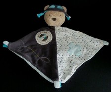 *. DOUDOU PLAT SAUTHON OURS AVIATEUR OSCAR BLEU GRIS POIS CASQUETTE BON VOYAGE