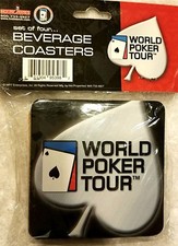 WORLD POKER TOUR 4 PACK CORK BACKED DRINK COASTERS 3.5" TEXAS HOLD EM BARWARE 