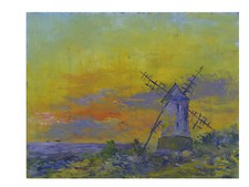 Paysage Avec Moulins À Vent Vieux tableau à Huile Français Du '900 Vintage X7