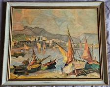 Tableau huile sur carton toilé format 12 F Vue port de Méditerranée avec bateaux