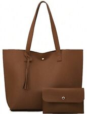 2X Sac Cabas Marron Simili Cuir Fourre Tout + Pochette - Ensemble 2 Pièces