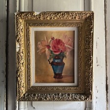 Huile sur toile nature morte bouquet de fleurs XXe par Pr Poron A5548