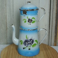 Antique French Enamelware Biggin Coffee Pot Blue & White With Floral Design